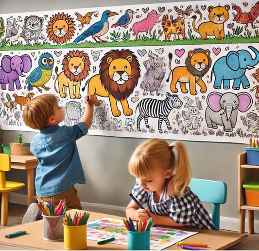 Children using Baby And Fur stickable drawing paper roll on wall for creative learning and fun