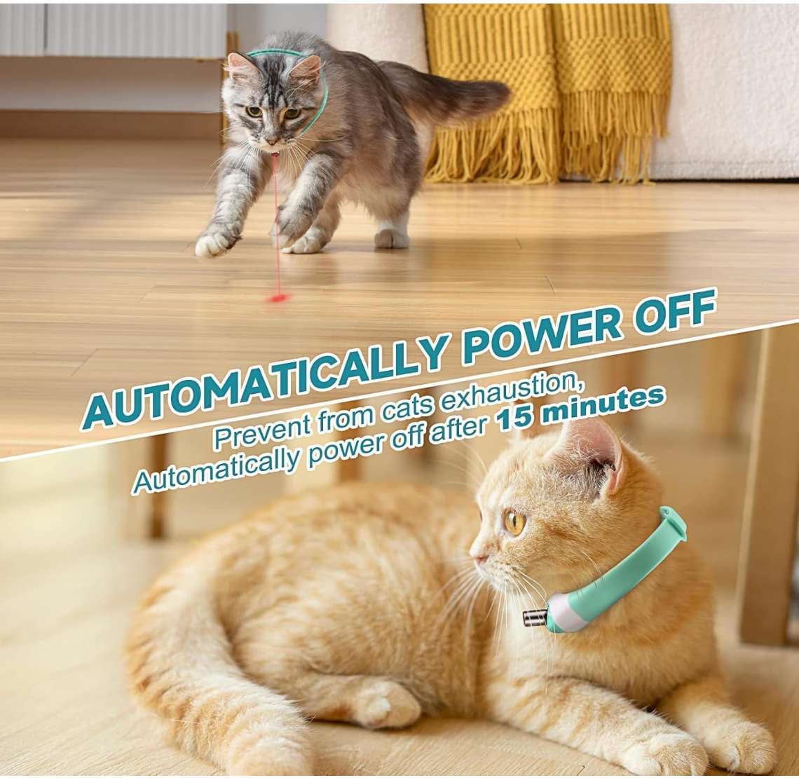 Energetic indoor cat chasing laser point while wearing Baby and Fur interactive smart collar for independent play and exercise