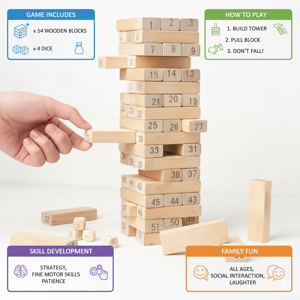 A dramatic close-up of an adult hand mid-pull — a numbered block halfway out of a visibly leaning, wobbling tower. This is the most emotionally engaging image in the set. It communicates tension, excitement, and gameplay without needing words. Ideal as the second or third image in the carousel to hook buyers who are scrolling through product photos.