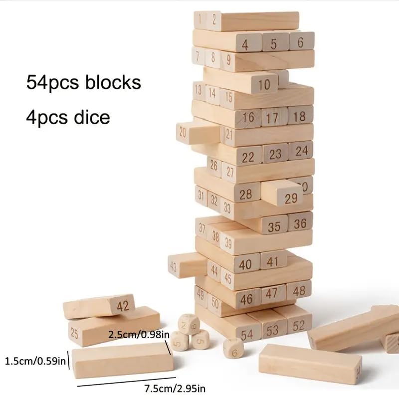An overhead flat-lay showing all 54 numbered wooden blocks arranged in neat rows beside the dice, on a white or light natural background. Every block should be face-up so buyers can see the numbers clearly. This image answers the buyer's most common question — "what exactly is in the box?" — and builds confidence in the product's completeness and value for money.