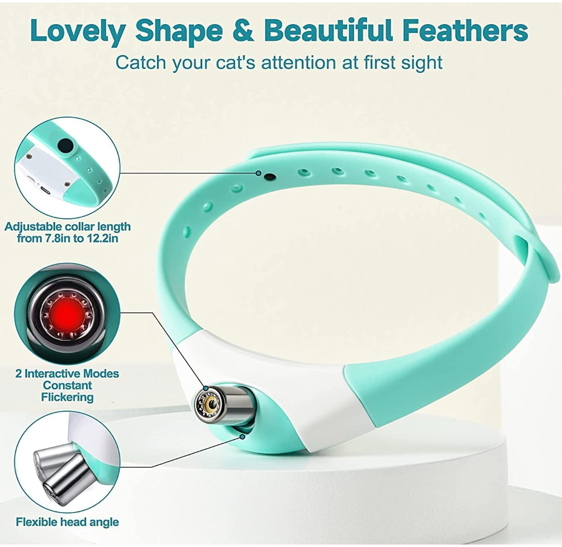 Close-up detail of 41-degree flexible LED laser pointer head integrated into Baby and Fur smart cat collar design
