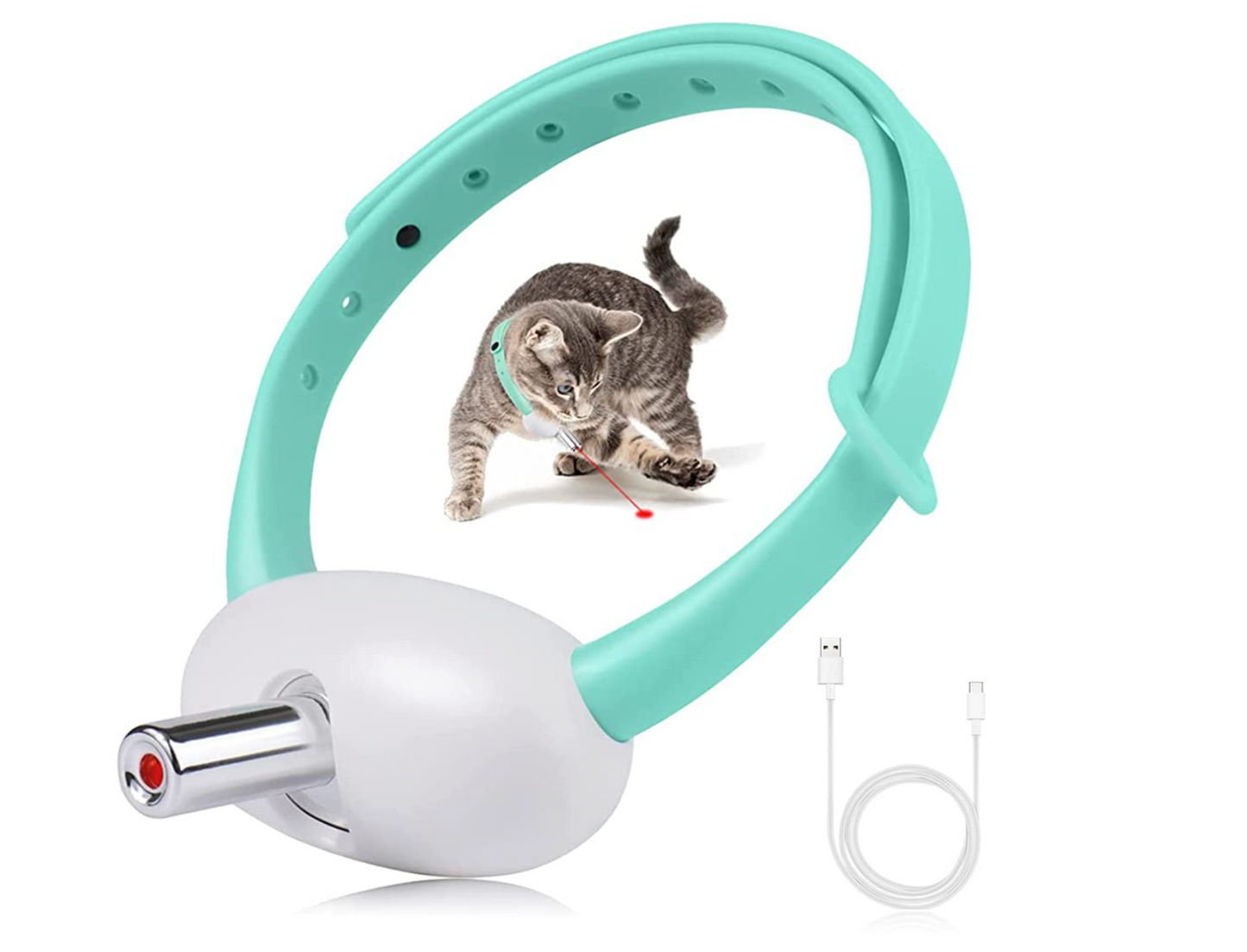 Baby and Fur AutoPlay Smart Laser Cat Collar premium packaging showing collar, micro-USB charging cable, and user manual