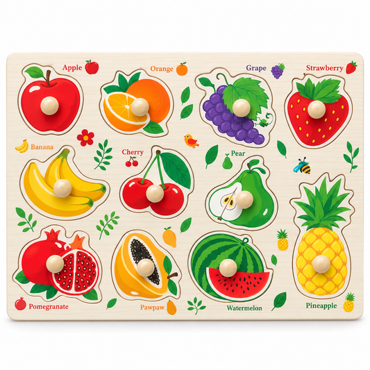 Front view of the Baby And Fur 2-in-1 wooden fruit puzzle board showing colorful fruit puzzle pieces designed for toddler learning and play.