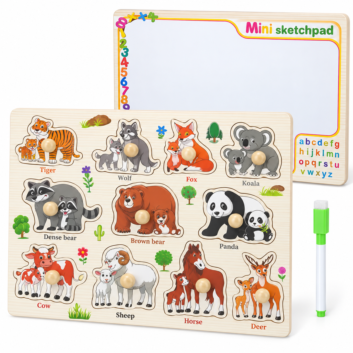 Front view of the wooden animal puzzle board featuring colourful parent-and-baby animal puzzle pieces with easy-to-grab wooden knobs for hands-on early learning.