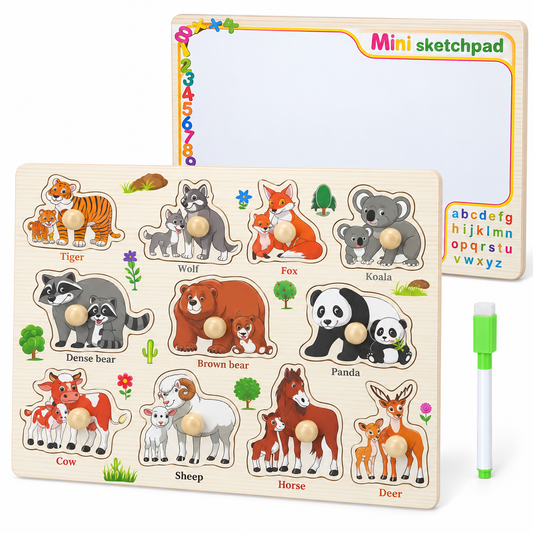 Front view of the wooden animal puzzle board featuring colourful parent-and-baby animal puzzle pieces with easy-to-grab wooden knobs for hands-on early learning.