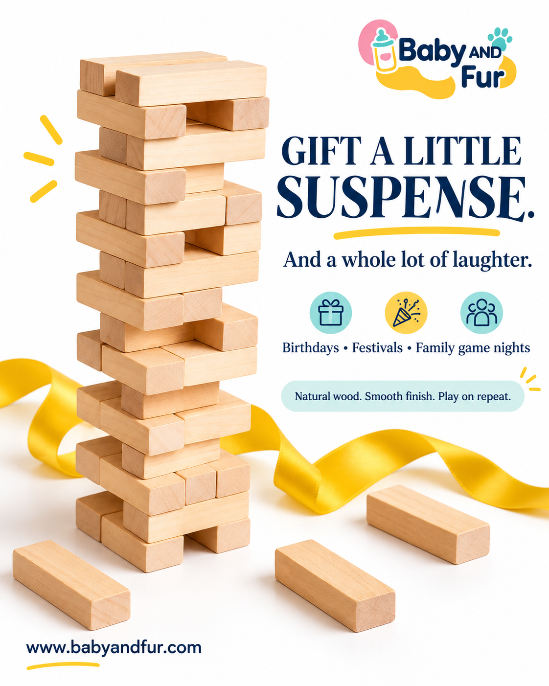 Stack up opportunities to learn through play with the Baby And Fur wooden tumbling tower. This educational stacking game gives children practice in hand-eye coordination, concentration, problem-solving and turn-taking. Enjoy a screen-free activity for home learning, group play and family time.
