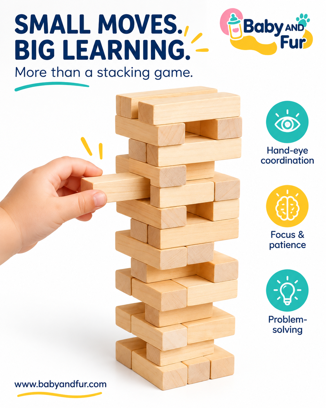 Discover a classic wooden stacking game with the Baby And Fur tumbling tower. Natural wooden blocks with a smooth finish create a hands-on challenge in balance, careful movement and strategy. An inviting addition to your family games collection, classroom activity corner or café game shelf.