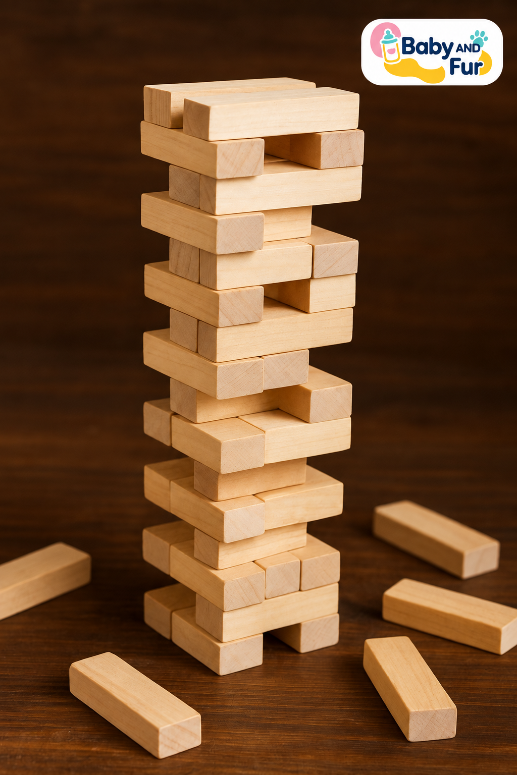 One move can change everything! The Baby And Fur tumbling tower combines wooden block stacking with a suspenseful balance challenge. Pull carefully, stack thoughtfully and enjoy the tumble before starting again—a lively party game for family gatherings, indoor entertainment and weekend game nights.