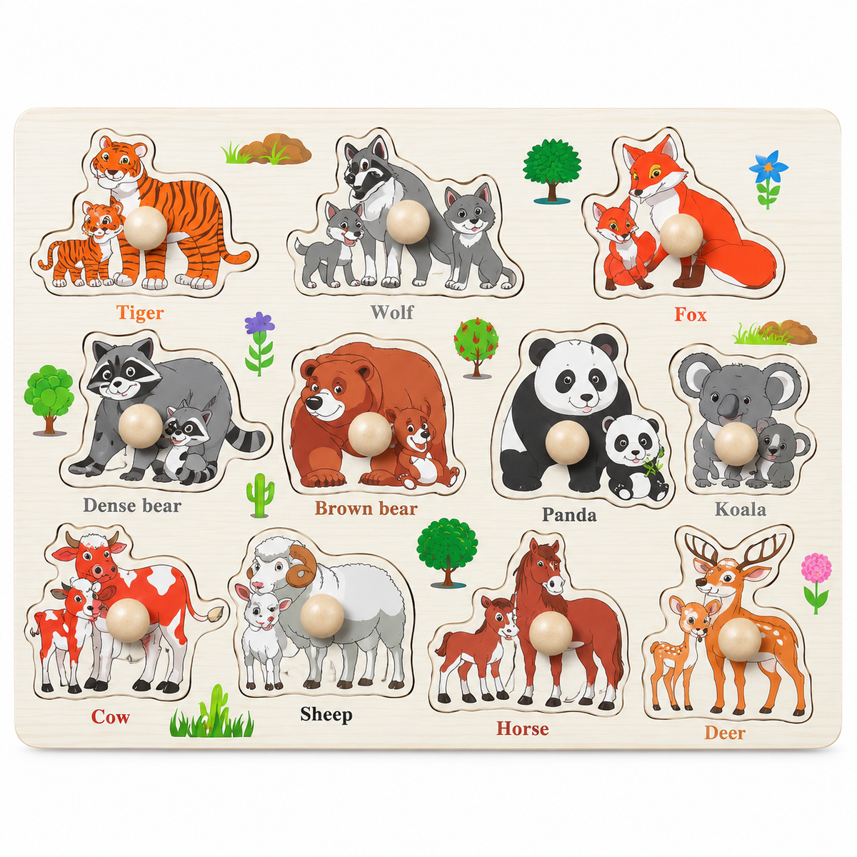 Close-up of the wooden animal puzzle showing parent animals together with their babies, helping toddlers learn animal names, recognise animal families, improve memory and build early association skills through hands-on play.
