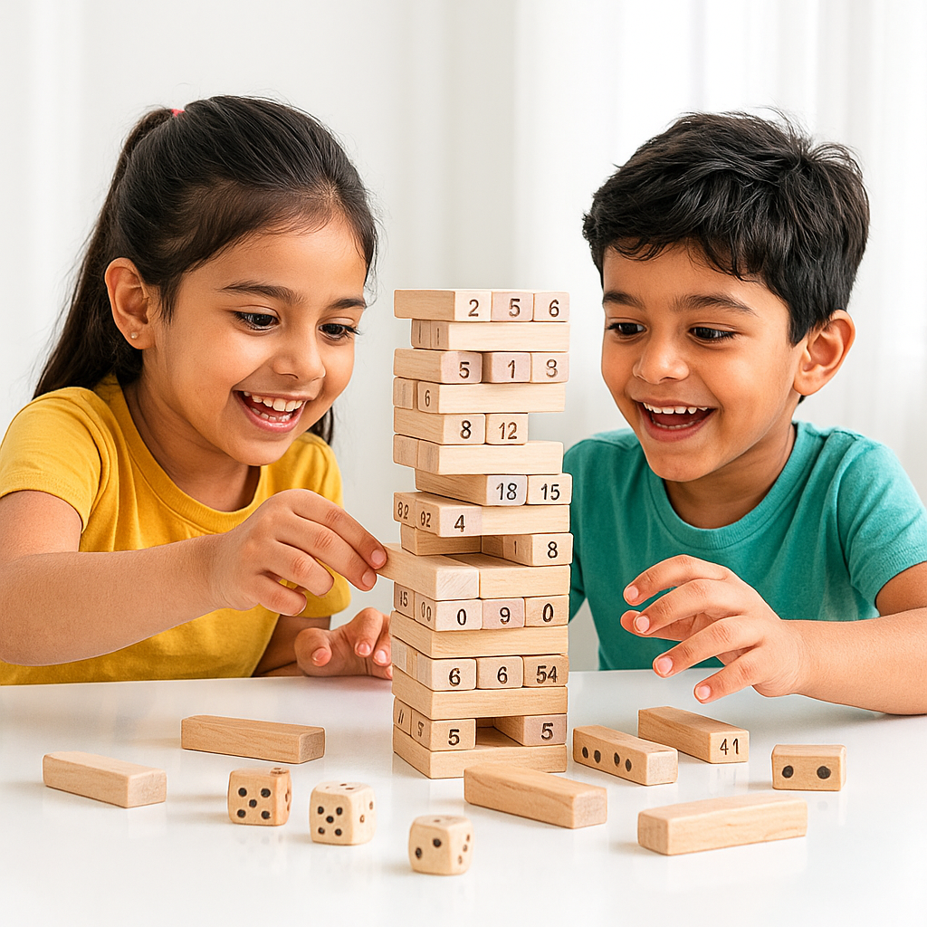 The complete Baby and Fur Number Tumbling Tower Game displayed as a perfectly stacked 18-row tower on a clean white background. All 54 handcrafted, numbered natural hardwood blocks are visible, with the game dice placed beside the tower. Communicates product completeness, premium wood quality, and clean natural finish.
