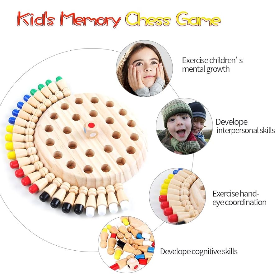 Discover the Baby and Fur Memory Match Chess Game! 36 vibrant wooden pegs, 1 round board, and 1 colour dice — everything you need for hours of screen-free, brain-boosting fun.