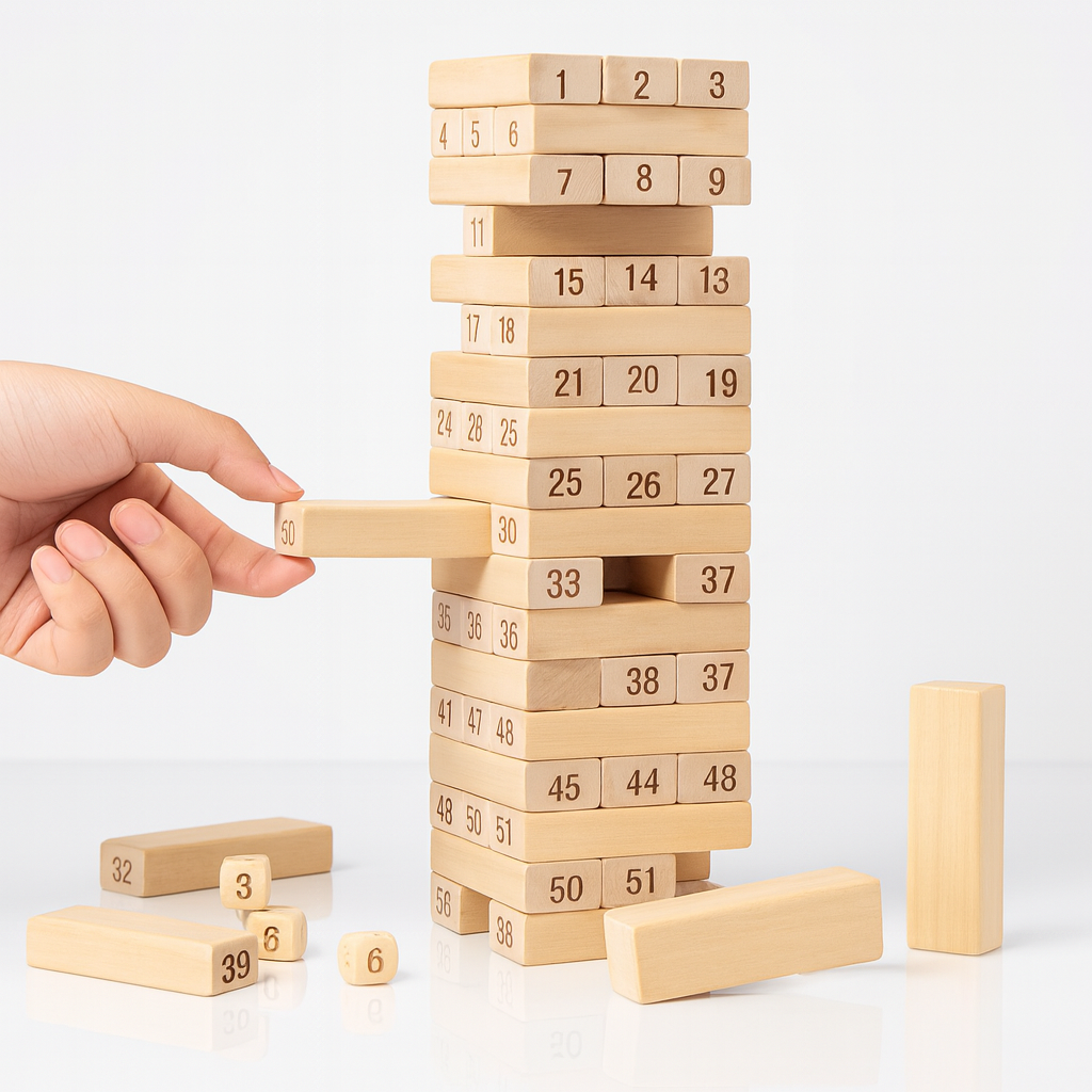 A warm lifestyle shot of a family (2 adults + 2 children) gathered around a table playing the Number Tumbling Tower together. Faces show excitement and laughter. The tower should be visibly wobbling or mid-turn. This image targets the "family game night" and "party game" buyer persona — showing adults and kids playing together is key for conversion among gift buyers.