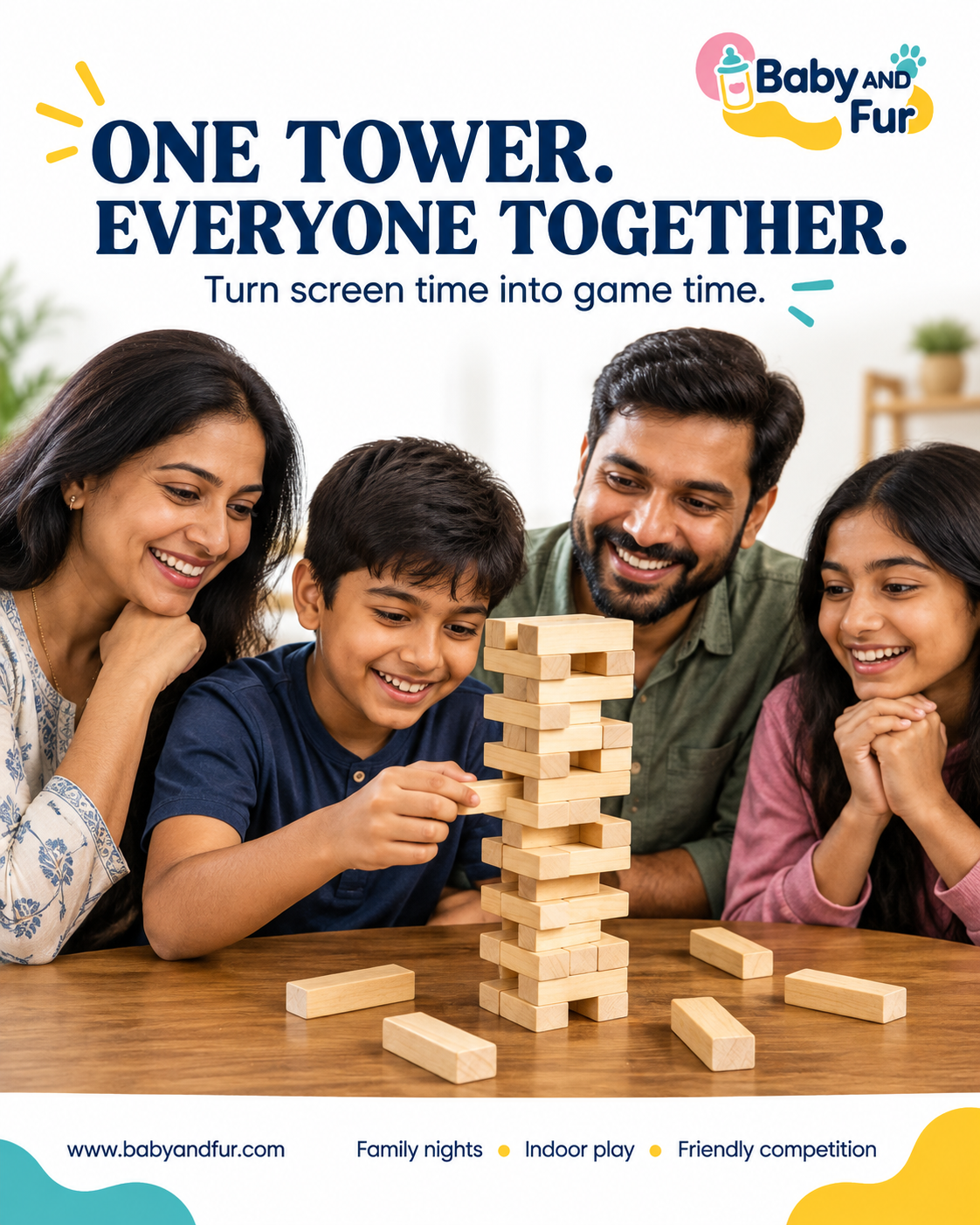 Turn screen time into game time with the Baby And Fur wooden tumbling tower game for kids and adults. Gather around for a family game night filled with careful moves and shared laughter. A fun indoor game for summer vacations, rainy days, holiday evenings and friendly family competitions.