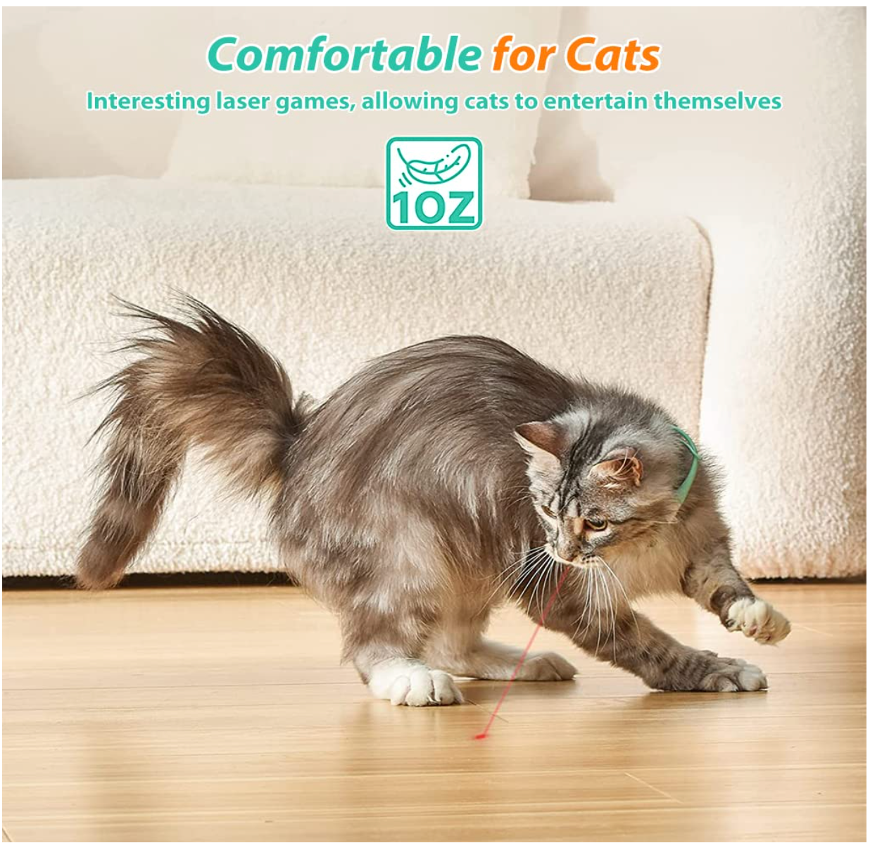 Satisfied pet parent with active healthy cat testimonial for Baby and Fur smart laser collar preventing feline obesity and boredom