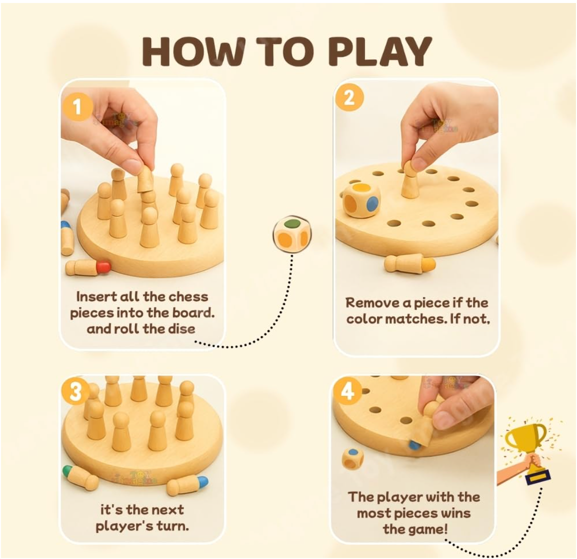 How to Play: Insert all pieces colour-side down → Roll the dice → Find the matching colour → Collect your piece → The player with the most pieces wins!
