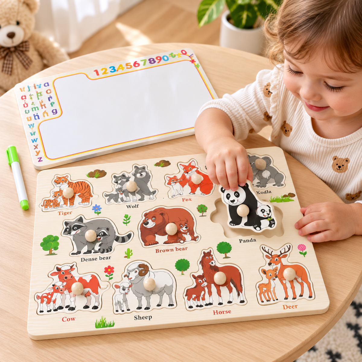 Educational lifestyle image presenting the lightweight 2-in-1 animal puzzle and whiteboard as a screen-free activity for home, travel, preschool, nursery, daycare and holiday play.