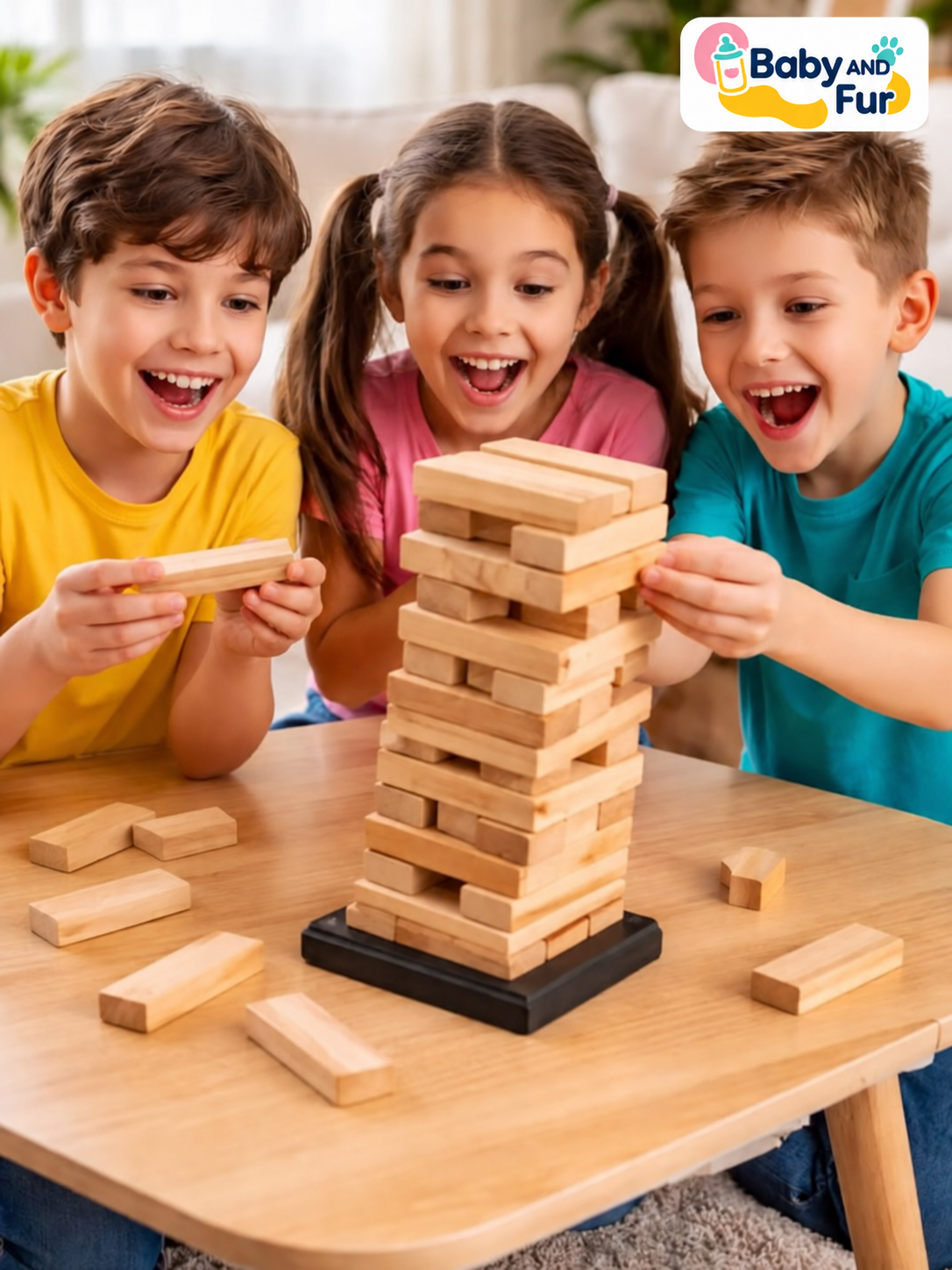 Make playdates more exciting with the Baby And Fur wooden tumbling tower game for kids. This screen-free indoor game invites children to practise steady movements, patience and turn-taking as they remove blocks and keep the tower standing. A fun activity for school holidays, birthday parties and rainy afternoons.