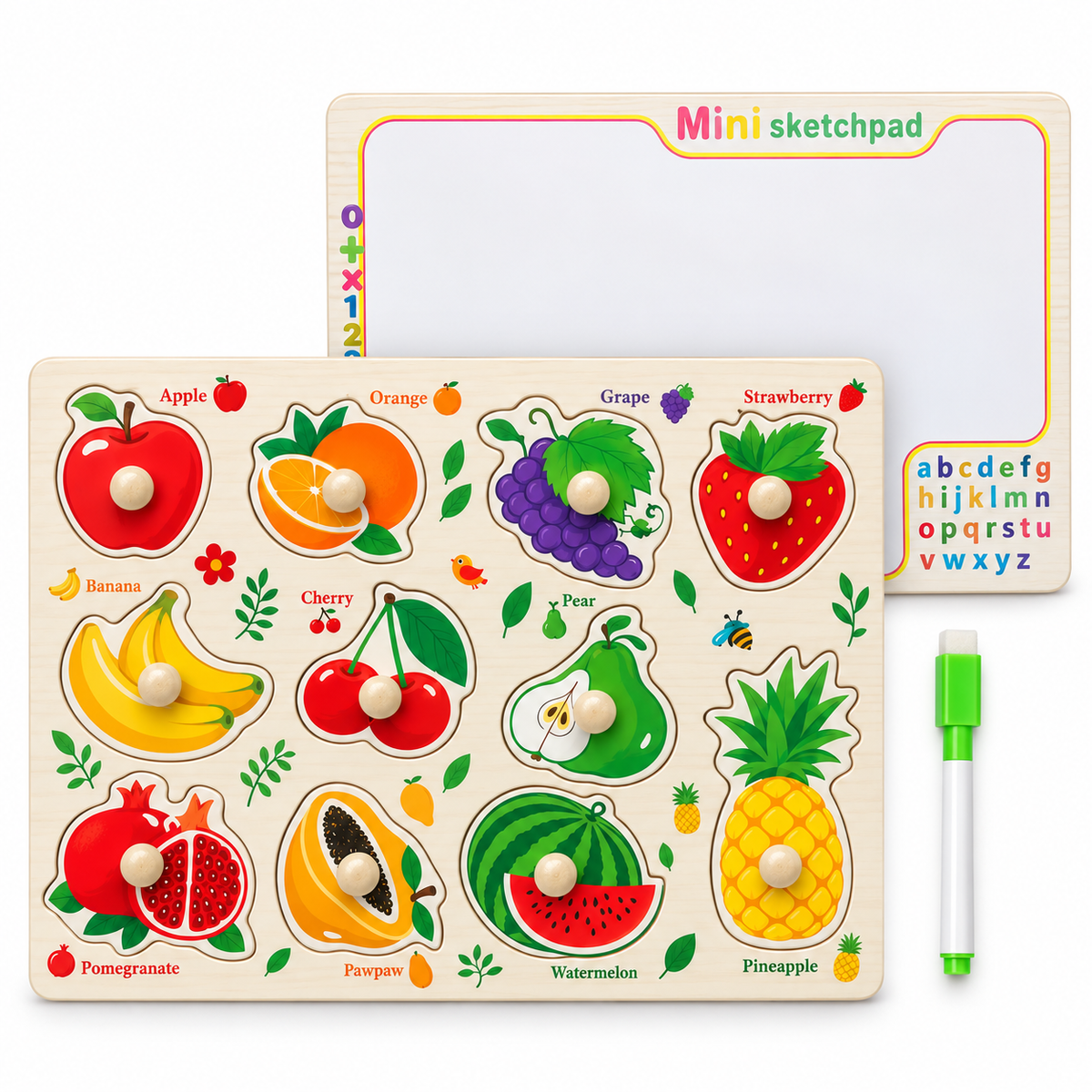 Close-up of the fruit puzzle side highlighting bright fruit illustrations that help children identify fruits, match shapes, and build problem-solving skills.