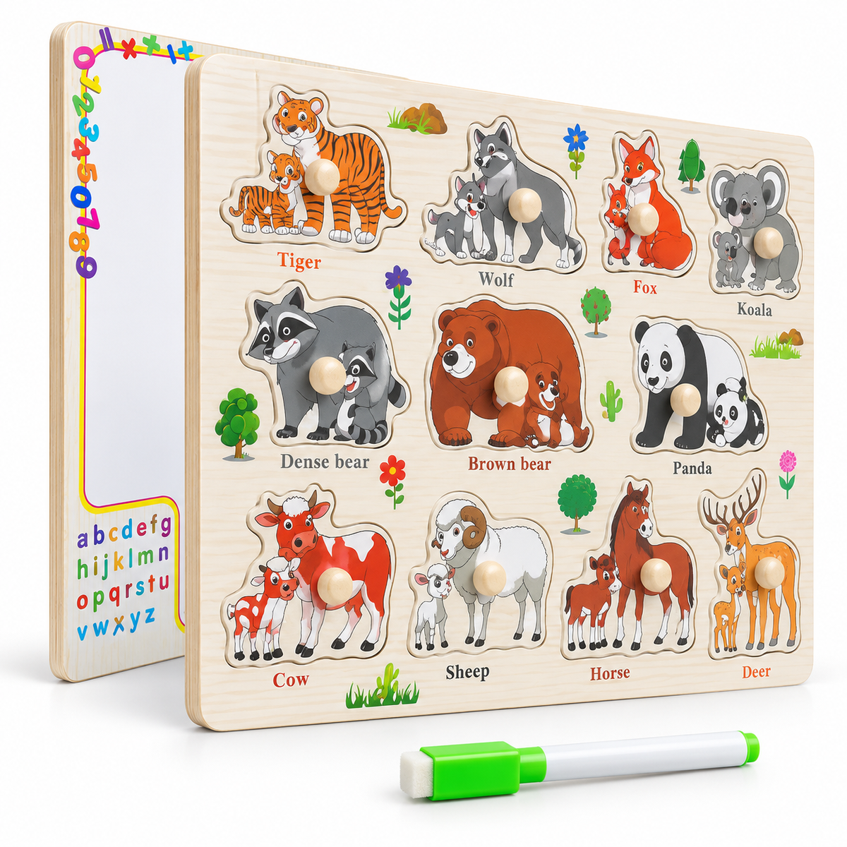Angled view highlighting the wooden construction, smooth edges, colourful animal illustrations and knob-style puzzle pieces designed for little hands.