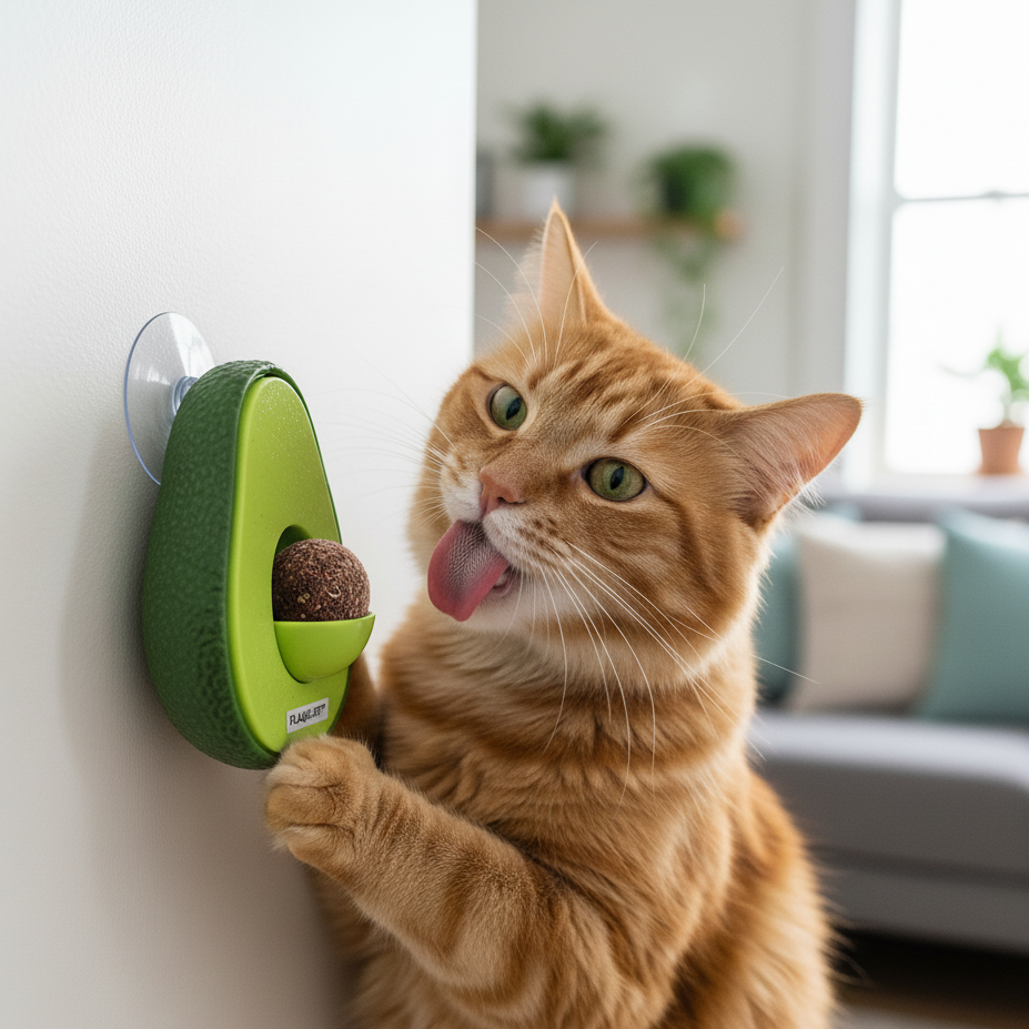 Baby And Fur Avocado Catnip Lick Ball mounted on wall – easy to use dental toy for active catS