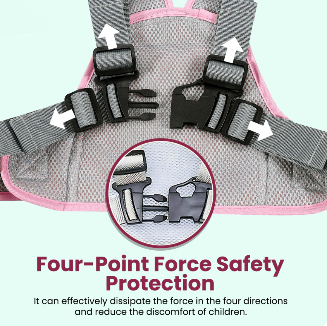 Mother riding scooter with child safely secured using Baby And Fur 2-Wheeler Baby Safety Belt – comfortable and reliable child riding harness