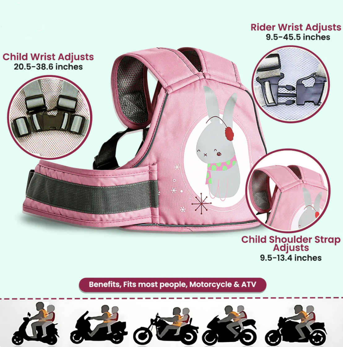 Baby And Fur child bike riding belt showing secure fit for kids on scooter rides