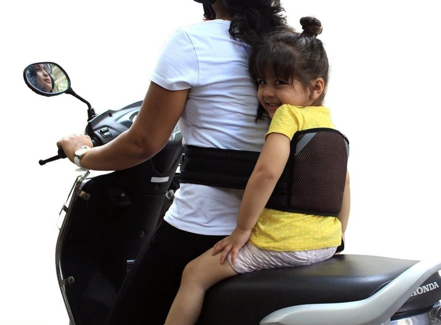 Parent riding with child using Baby And Fur scooter safety belt – secure and comfortable bike harness for kids