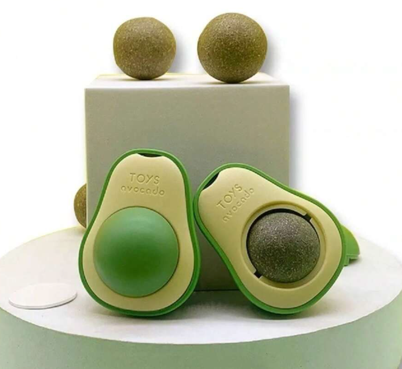 Cat licking Baby And Fur Avocado Dental Ball – natural catnip toy for stress relief and plaque control
