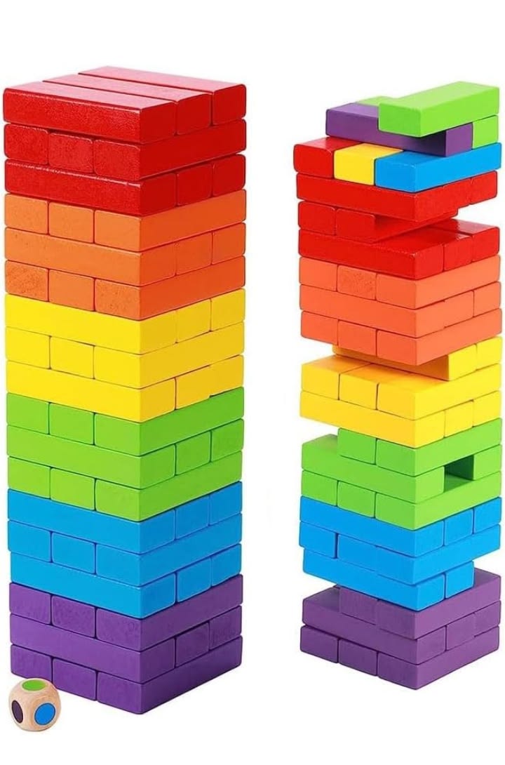 Baby And Fur coloured wooden balancing tower with colour dice and loose blocks beside illustrated play benefits