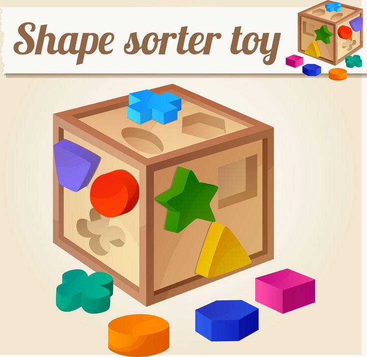 Complete Baby And Fur shape sorter set with 18 colorful geometric blocks and cube box