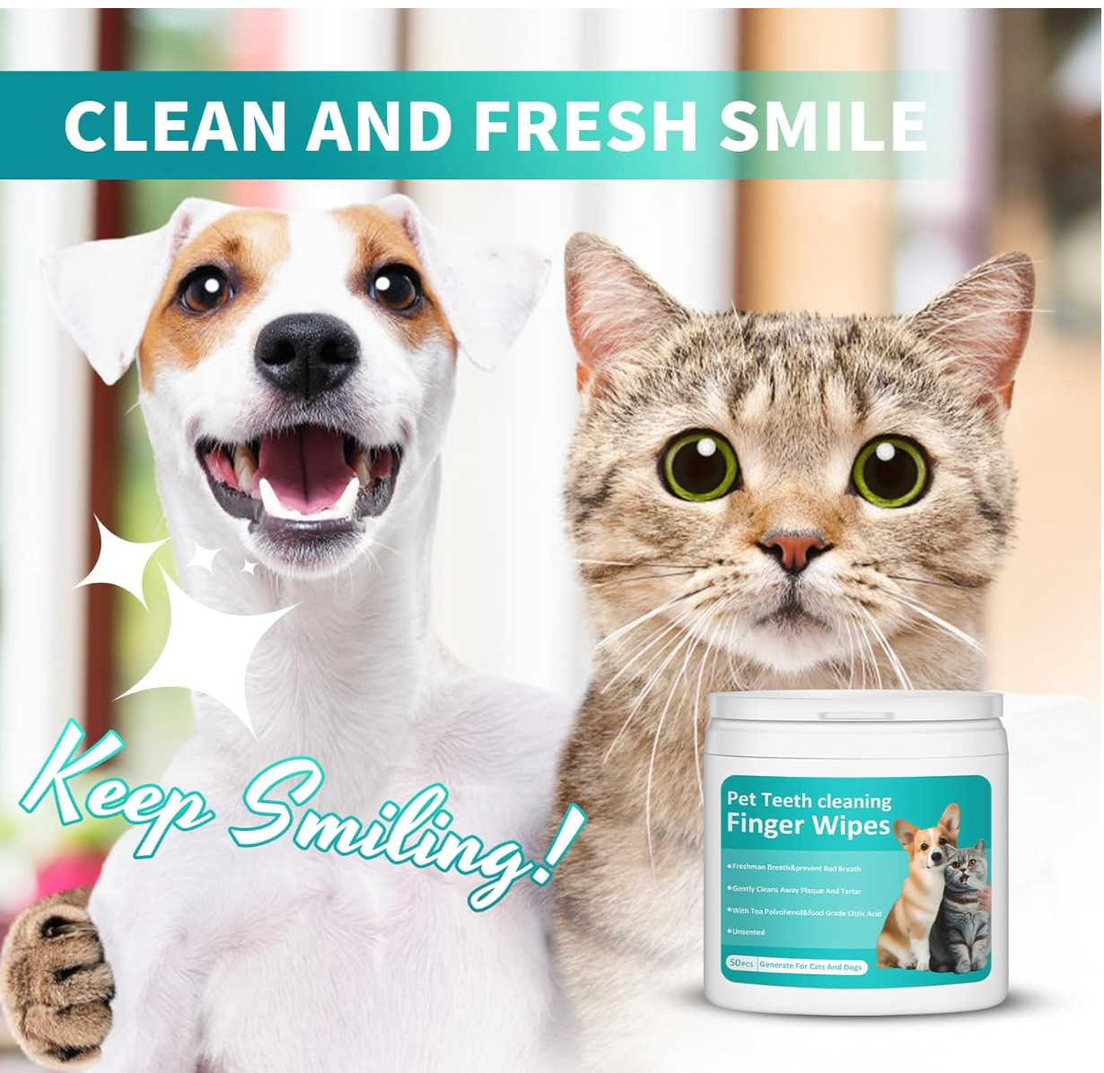 Baby and Fur disposable dental finger wipes for dogs and cats to clean teeth, remove plaque and tartar, and promote fresh breath.