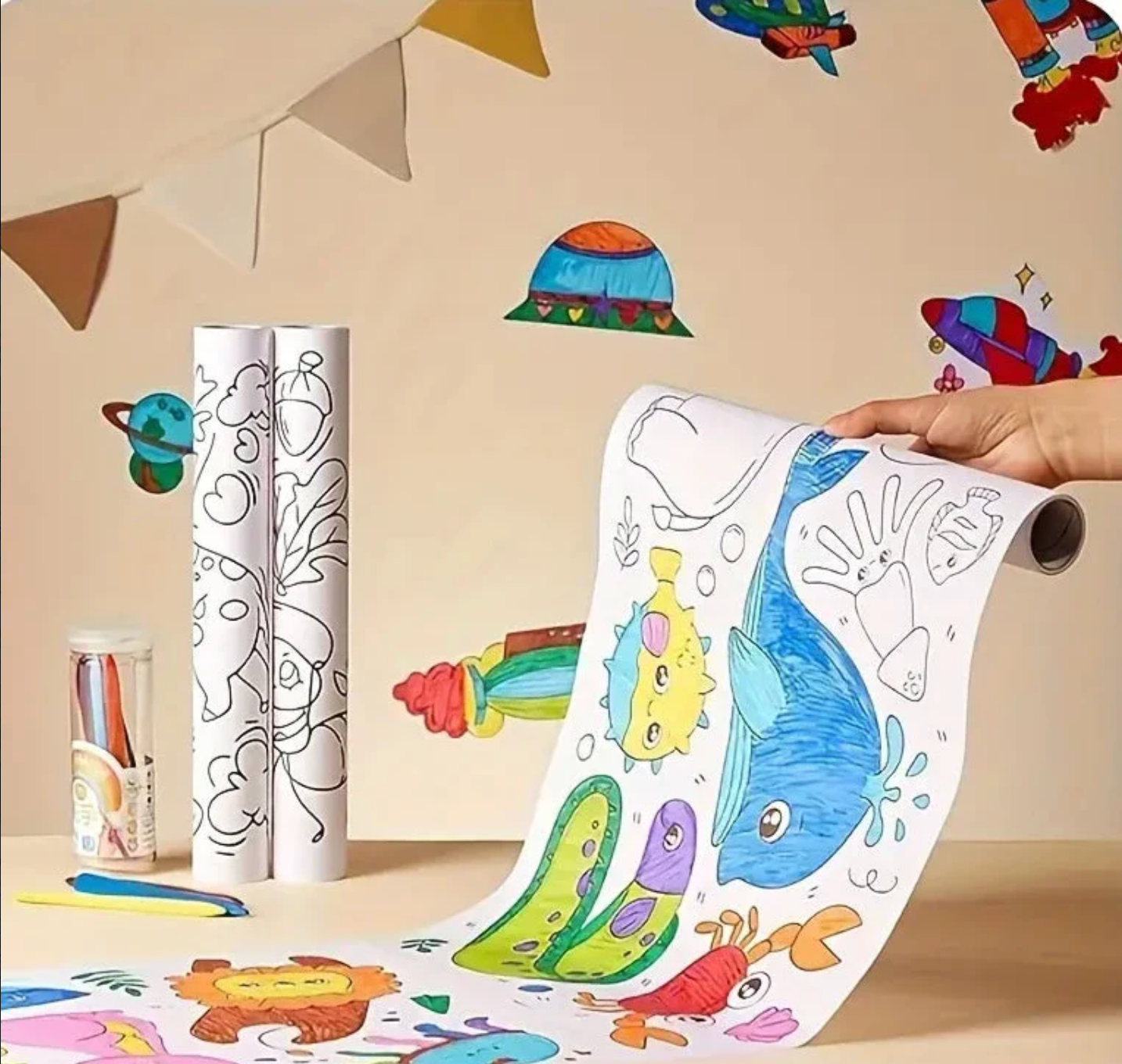 Close-up of Baby And Fur premium paper roll compatible with crayons and markers