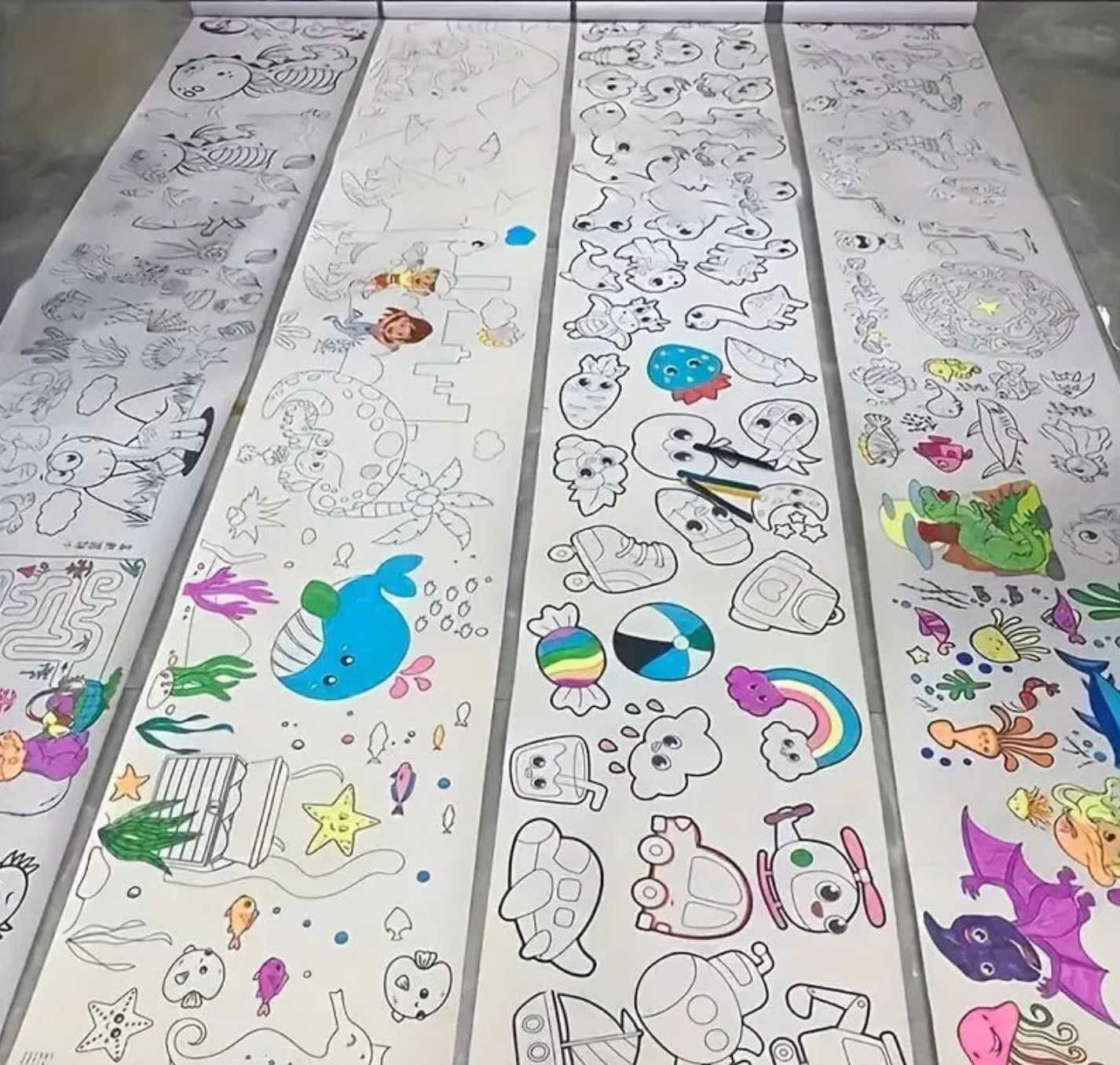 Group of children drawing together on Baby And Fur large art roll for teamwork and creativity
