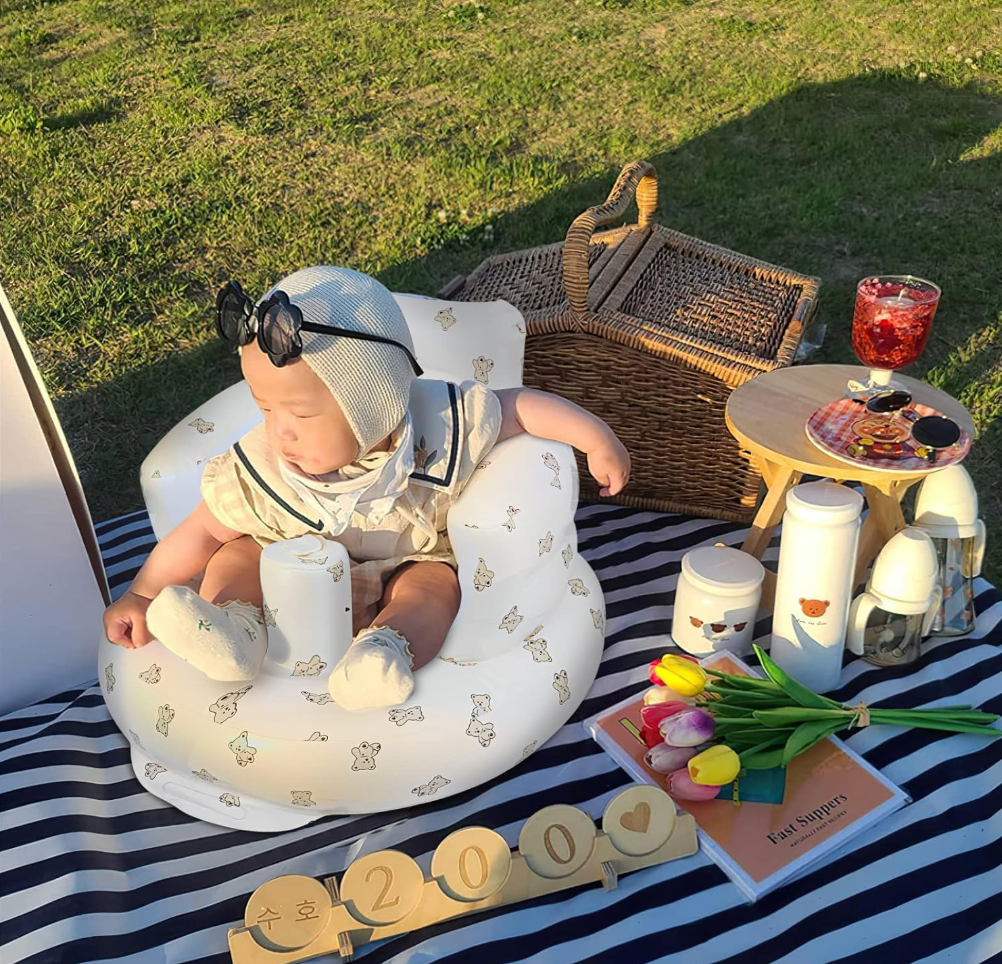 Baby and Fur inflatable infant sit-up support chair for learning to sit, tummy-to-sit transition, early motor skill development, and screen-free play