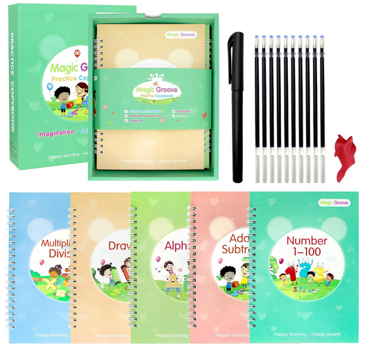 Baby and Fur Reusable Writing Copybook Set with 4-in-1 English, math, and drawing practice for preschool kids aged 3 to 7.