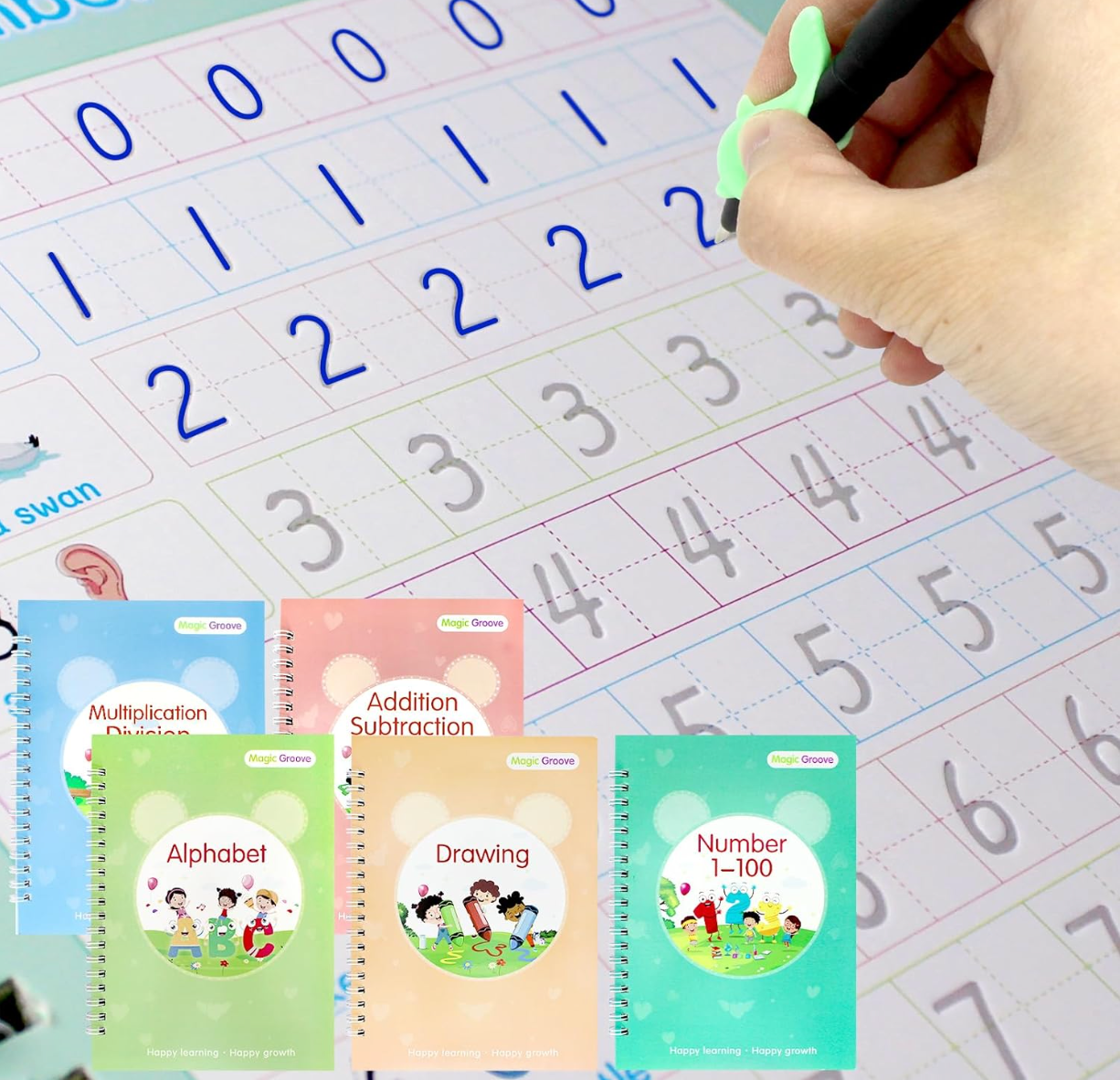 Baby and Fur 4-in-1 tracing copybook set including alphabet, numbers, math, and drawing for early education learning.