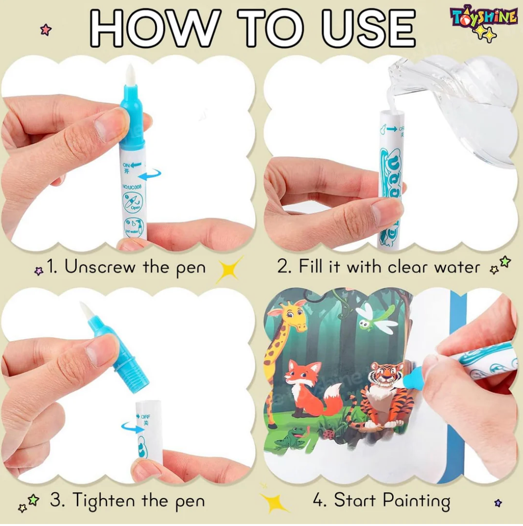 Close-up of Baby And Fur magic water pen used in quick dry coloring book for kid