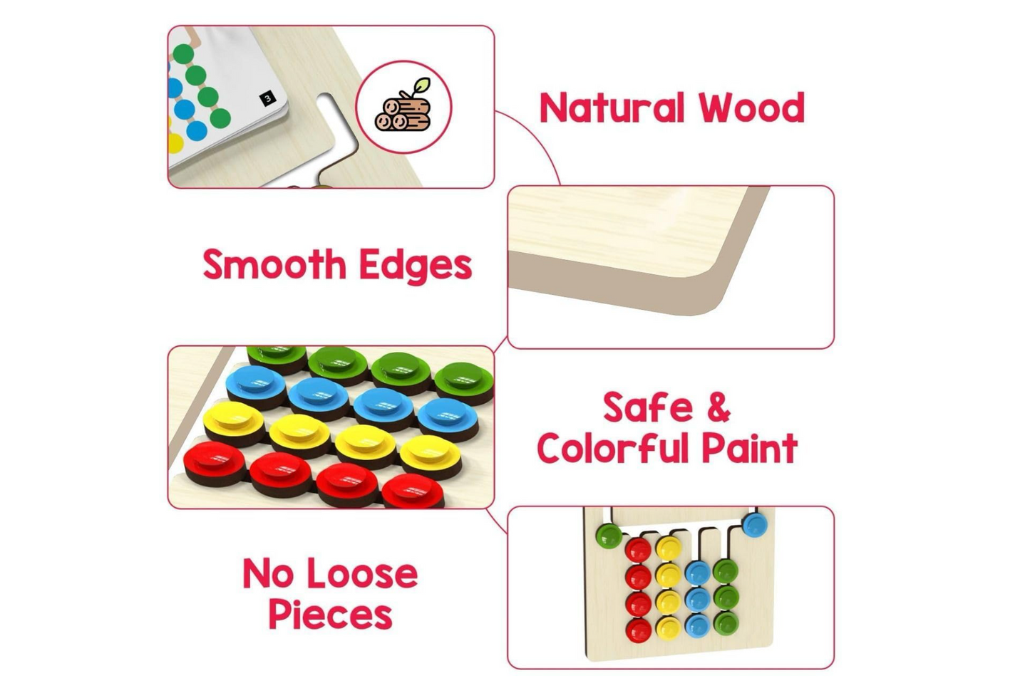 Educational Montessori toy by Baby and Fur for color and pattern matching to develop logical thinking and hand-eye coordination.