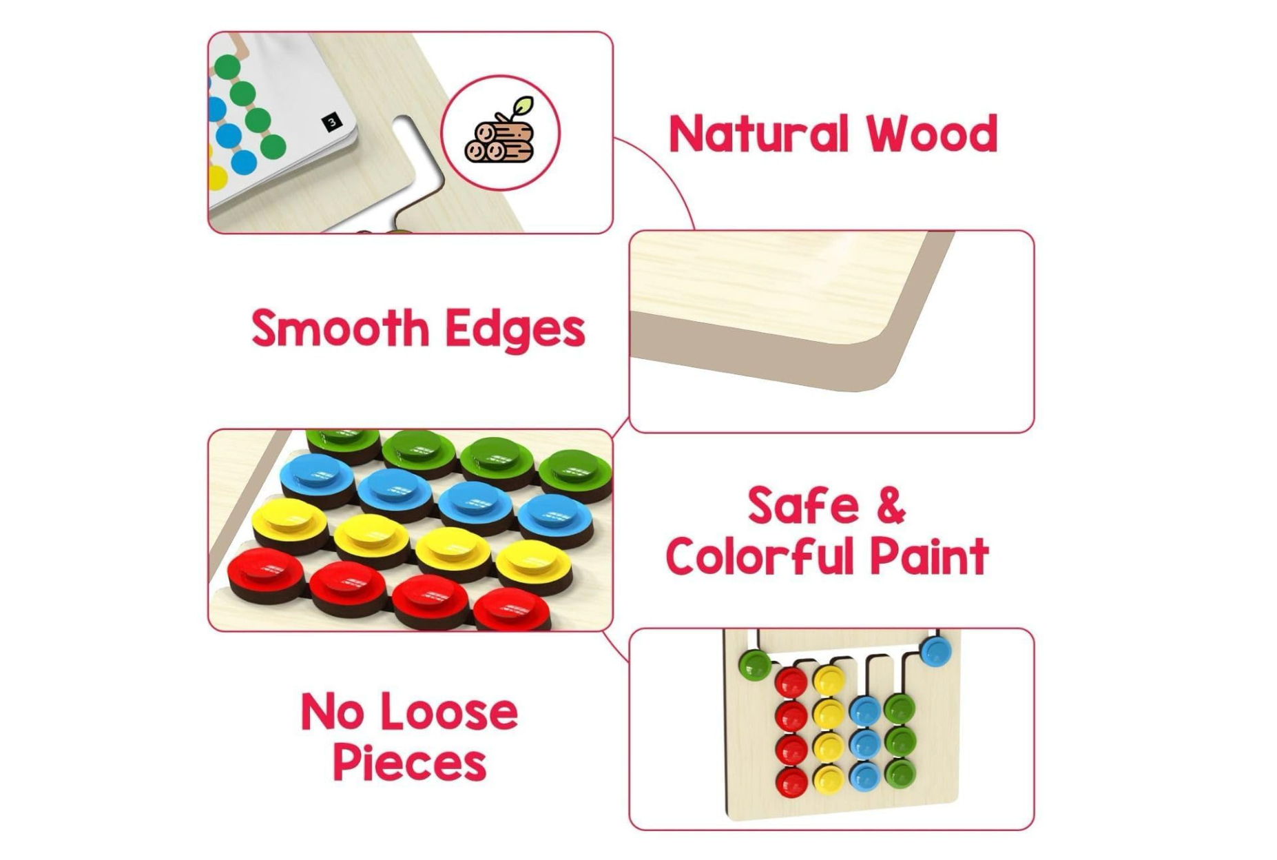Educational Montessori toy by Baby and Fur for color and pattern matching to develop logical thinking and hand-eye coordination.
