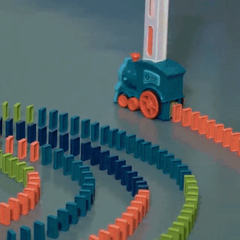 Close up of Baby and Fur domino train toy showing music and light features for engaging playtime