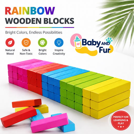 Baby And Fur rainbow wooden stacking blocks arranged in pink, red, blue, green and yellow rows on a white background.