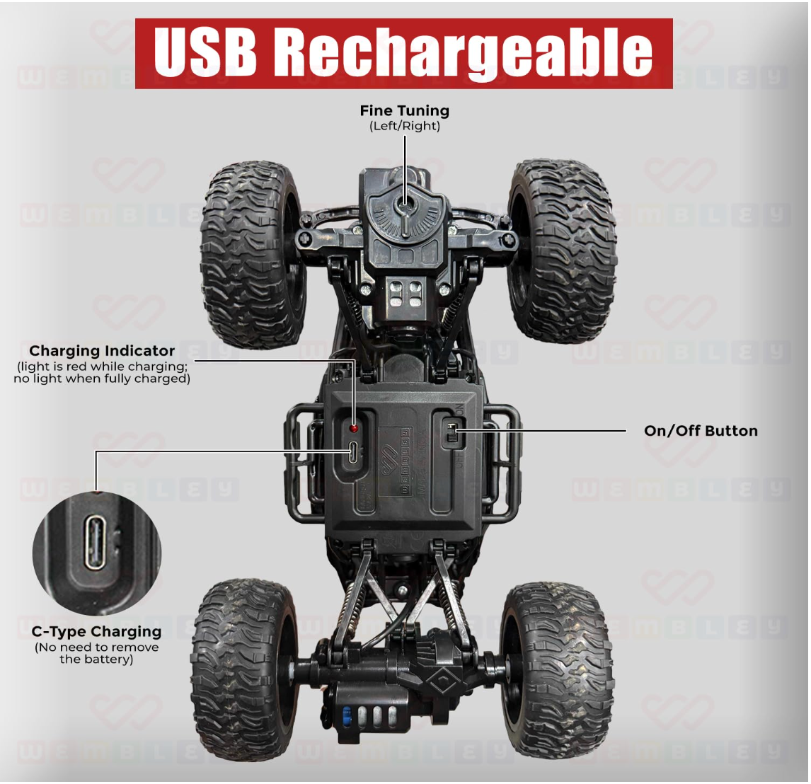 Durable Baby and Fur RC Rock Crawler Monster Truck showing side profile with high-grip anti-skid tires for rough terrain play.