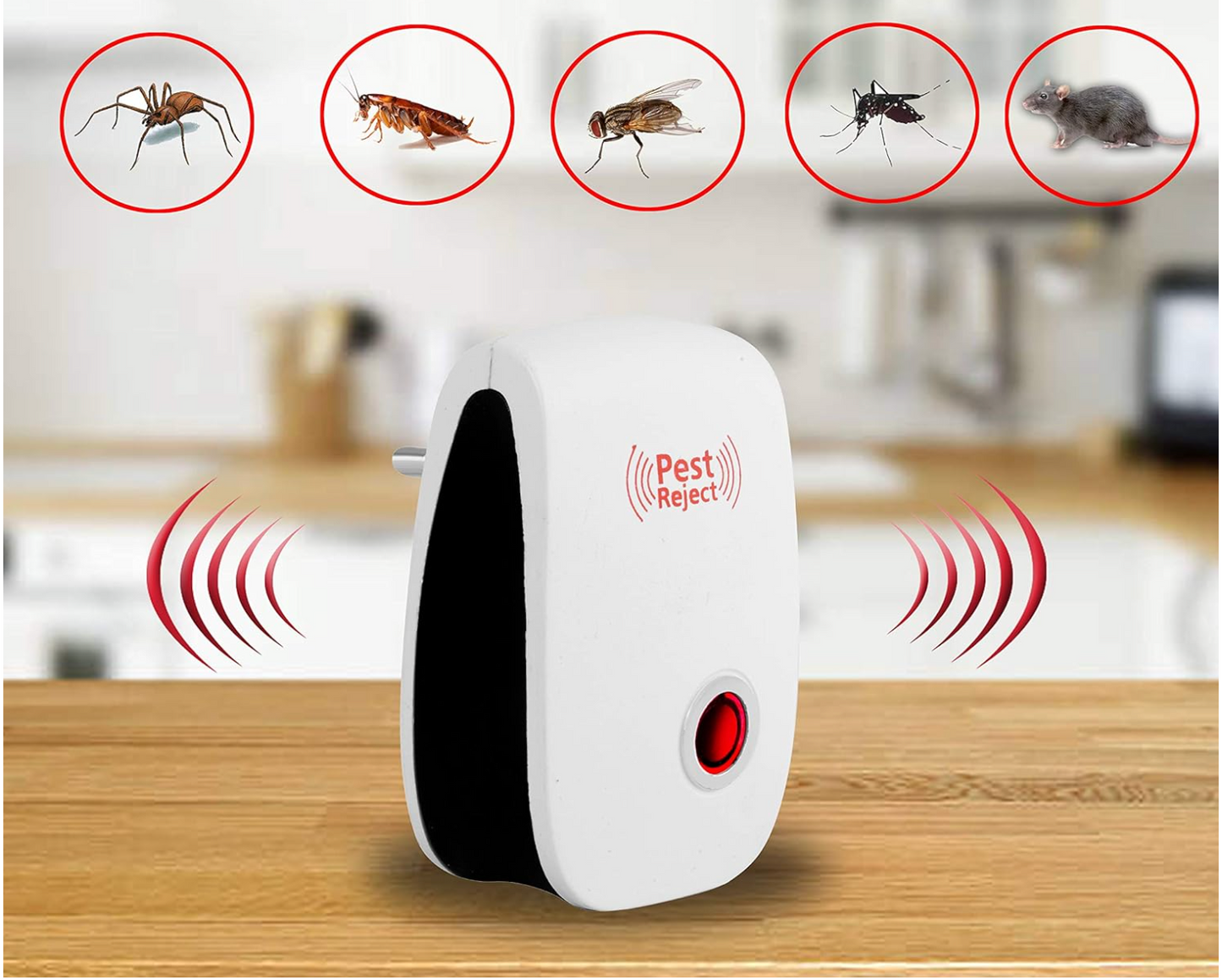 Close-up of Baby And Fur ultrasonic pest repeller with LED indicator showing active operation