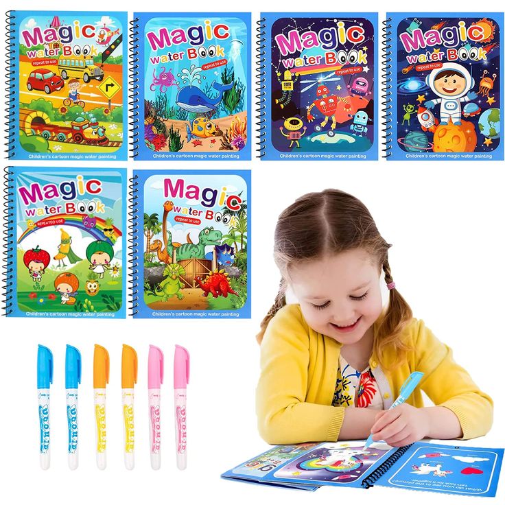 Before and after images showing water coloring book colors fading after drying for reuse