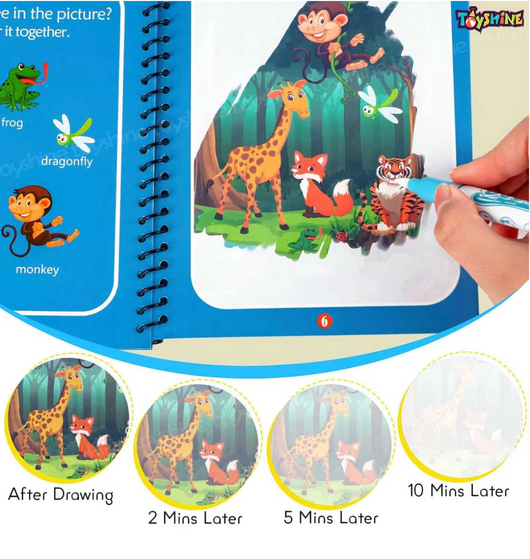 Reusable water coloring book pages showing bright colors appearing with water pen