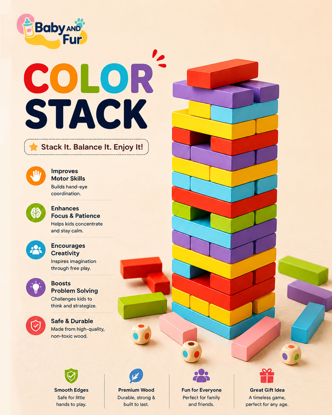 Player carefully removing a coloured wooden block from a Baby And Fur balancing tower during a game.