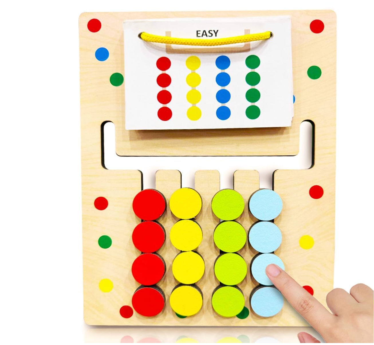 Durable wooden Montessori slide puzzle by Baby and Fur with colorful buttons and 15 pattern cards for early learning.
