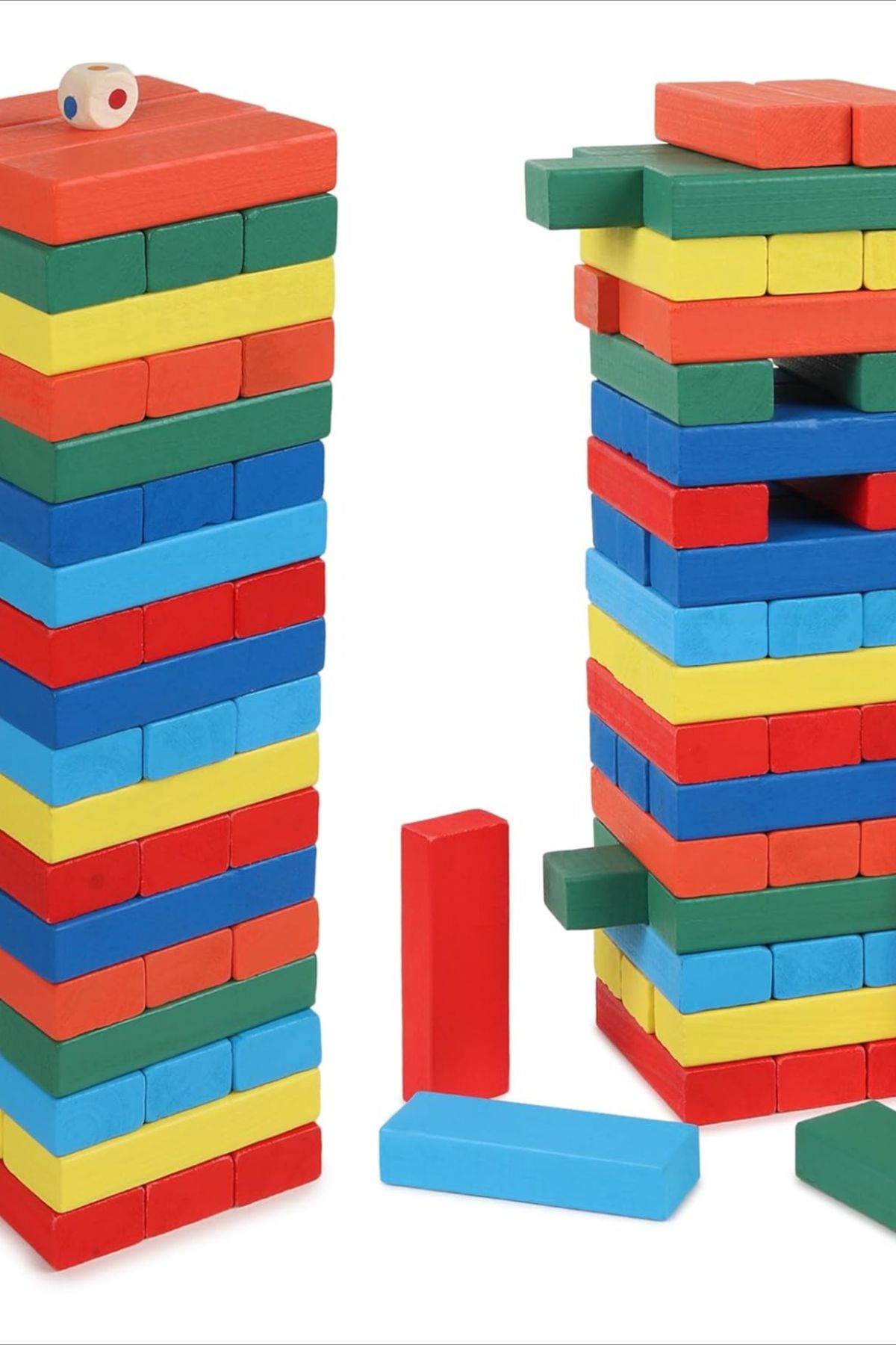 Baby And Fur rainbow wooden blocks shown as a stacked tower and domino circle, with a colour die and cloth storage bag.
