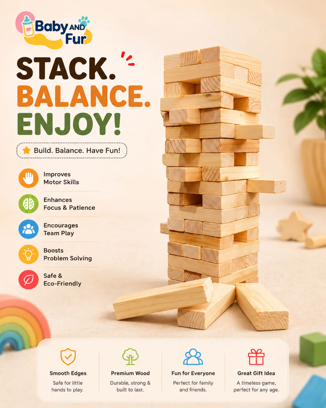 Children and adults playing the Baby And Fur wooden tumbling tower game together at a table.