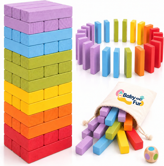 Baby And Fur wooden tumbling tower with loose natural wood blocks and illustrated stacking game benefits.